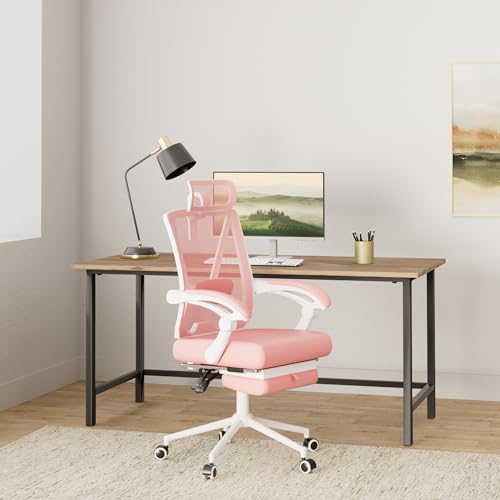 Misolant Ergonomic Office Chair with Footrest, Pink Desk Chair with Adjustable 2D Lumbar Support, High Back Mesh Ergonomic Office Chairs with Adjustable Headrest and Linkage Armrest