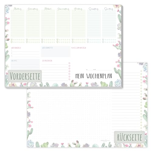 paper&you® Wochenplaner Block A4 ohne festes Datum Kakteen 50 Blatt - Terminplaner mit To-Do-Liste, Einkaufsliste, großem Notizfeld & mehr - nachhaltig & klimafreundlich