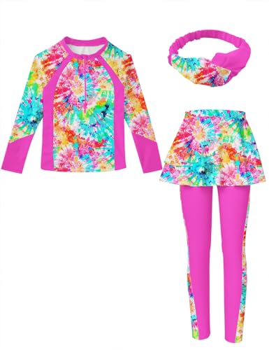 Image of Girls Long Sleeve Rashguard Half Zip Swimsuits UPF 50+ Two Piece Swim Sets with Hairband 5-12Y | Two Piece Swim Sets with Hairband