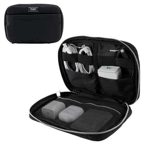 kate spade new york Bolsa organizadora de nylon Tech – Organizador eletrônico para cabos, carregadores, carregador portátil, AirPods e acessórios – Assinatura preta