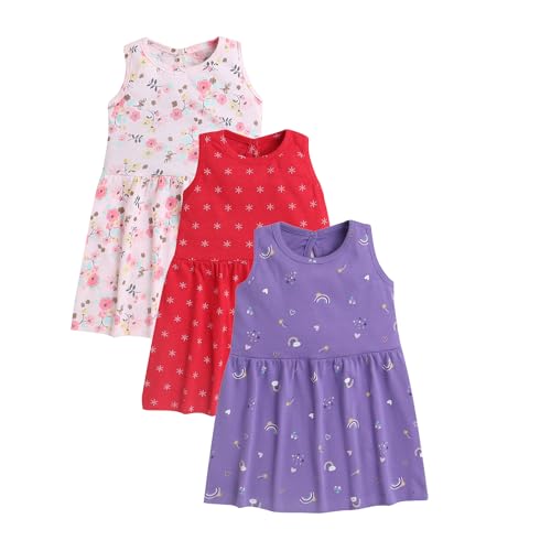 Image of EIO Girls Cotton Frock Dress Combo Pack | Multicolor Printed Knee Length Casual Dresses for Kids | Soft & Breathable Summer Wear Outfit