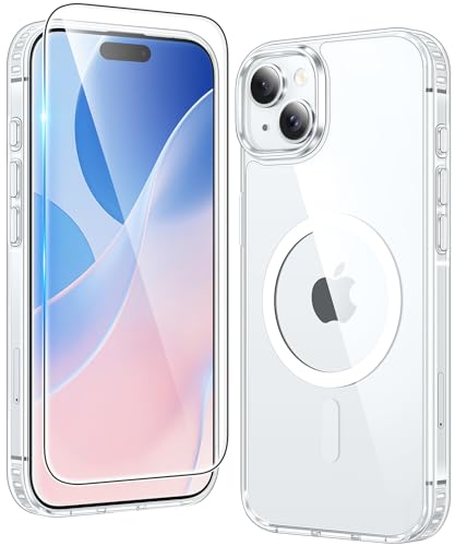 FNTCASE for iPhone 15 Case: for iPhone 14 | iPhone 13 Case Support Magnetic Charging Military Grade Drop Protection Anti Yellowing | Rugged Shockproof Phone Cover - 6.1 inch (Clear)
