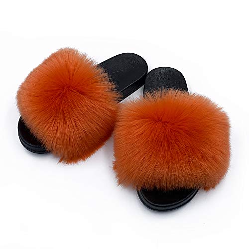 Image of Women's Faux Fur Slides Slippers Fluffy Fuzzy Sandals Open Toe Furry Slide Flip Flop Indoor Outdoor