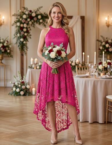 Image of Dressystar Women Halter Lace Wedding Guest Dress Hi-Lo Cocktail Party Bridesmaid Formal Dresses