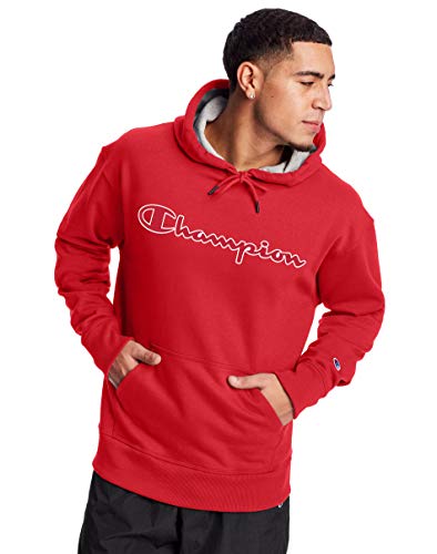 Champion Men's Powerblend Hoodie, Team Red Scarlet Script Applique, Small