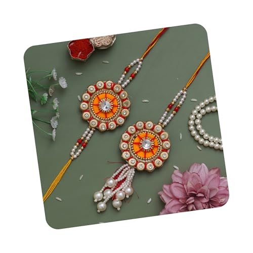 Image of eCraftIndia Pearls Designer Bhaiya Bhabhi Rakhi Set with Roli Chawal Pack | Rakhis for Brother Bhaiya Bhai