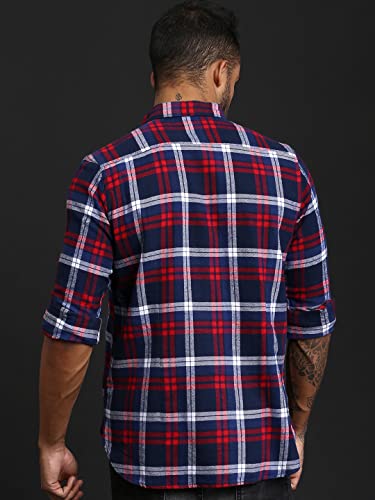 Image of THE BEAR HOUSE Men's Cotton Blue & Red Checks Slim Fit Shirt | L |TBH-Bud-BL-L |