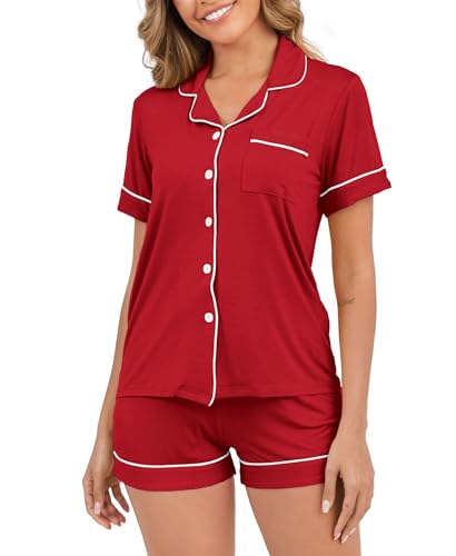 Image of Womens Pajamas Set Short Sleeve Sleepwear Button Down Pjs Shorts Set Soft Pjs Lounge Set With Pockets
