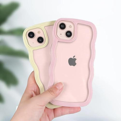 Image of GoldKart iPhone 13 /14 Case Wavy Edge Clear Back Design, Anti-Slip Grip Cute Wave Curly Frame Shape Shockproof Soft TPU & Hard PC Bumper Protective Phone Case Cover for Women Girls - Pink
