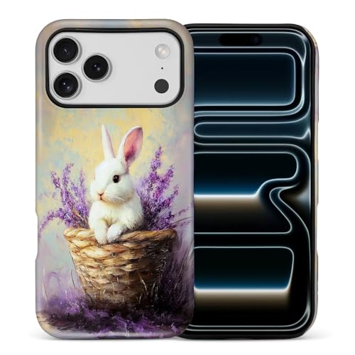 Coque iPhone 17 Pro Max rigide mate violette avec motif lapin blanc