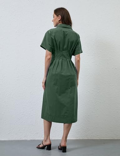 Image of Women Striped Button Down Shirt Maxi Dresses Summer Pleated Short Sleeve Collar Casual Corset Long Dress