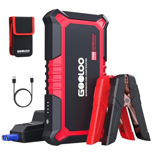GOOLOO Arrancador de Coches, 2000A Arrancador de Baterias de Coches portátil(para 8.0L de Gasolina o 6L de Diésel), 12V Booster Arrancador con Inteligente Cable y Linterna LED