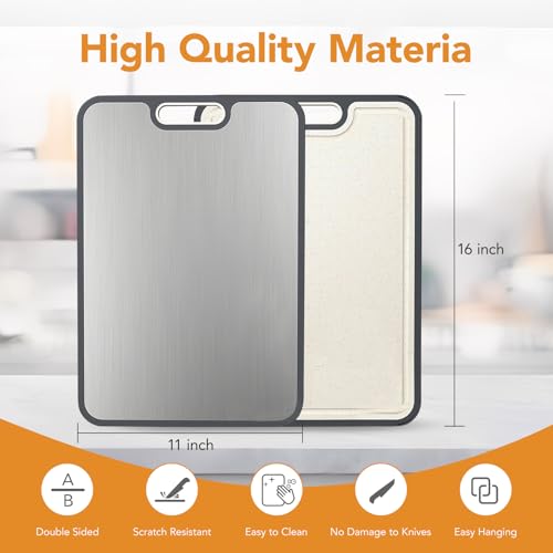 Tabla de Cortar de Titanio para Cocina, 2 en 1 con Doble Cara: Titanio Puro de Grado Alimentario y Polipropileno con Paja de Trigo, Fácil de Limpiar, Tamaño Grande 40,6 cm x 27,9 cm miniatura 2