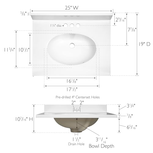 Image of Design House Vanity Top With Sink, 4-Inch Backsplash, Cultured Marble, Stain-Resistant, Pre-Drilled Centerset Holes, White, 25 in W x 19 in D x 10.4 in H, 586180