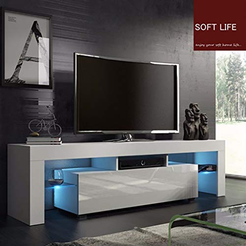 【US-in-Stock】 Modern LED TV Stand with LED Lights Glass Frame, TV Cabinet Television Media Storage Console Table with 2 Drawers Shelves, Living Room Furniture (Black, 47.2×15.7×13.4 inch)