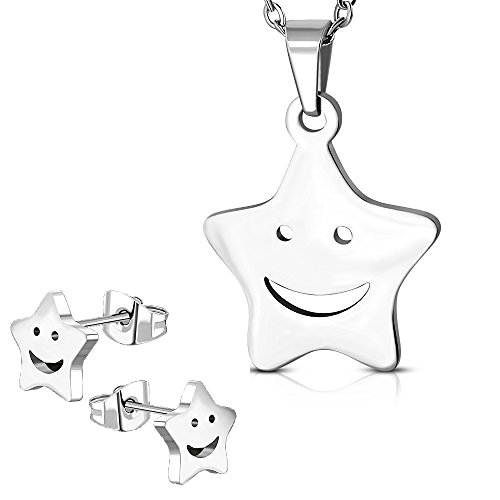 BlackAmazement Ensemble pendentif avec chaîne et boucles d'oreilles en acier inoxydable 316L en forme d'étoile Smiley en argent pour femme, 20 cm, Acier inoxydable