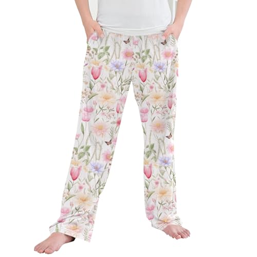 Floral Garden Flower Butterfly Long Pajama Pants Elastic Waist PJ Bottoms with Pockets S A110232