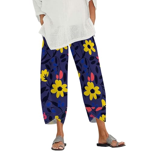 Womens Tropical Floral Print Wide Leg Palazzo Pants High Waist Cotton Linen Summer Beach Loungewear with Pockets