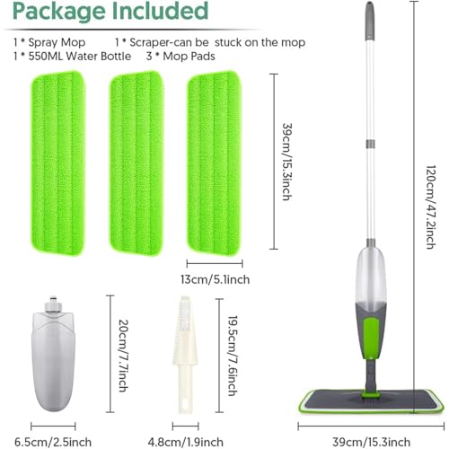 Spray Mop, ILAVCOOL Floor Mops for Floor Cleaning with 3 Reusable Microfiber Pads & 550ML Refillable Bottle Wet Dry Use for Hardwood Laminate Tile Wood Cleaner