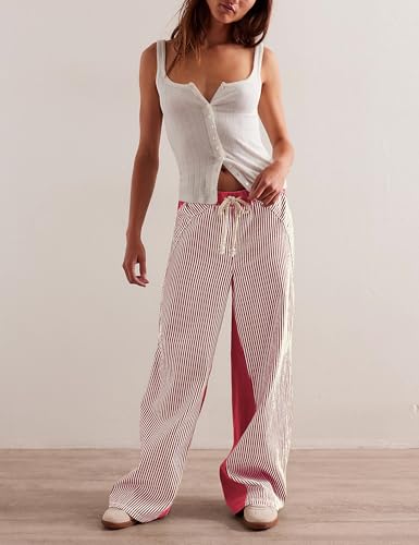 Faleave Women's Striped Pull-On Pants Elastic Waist Casual Wide Leg Low Rise Boho Trousers2