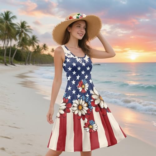 Image of Women's Casual Loose Sundress Midi Sleeveless Crewneck Dress Summer Beach Tank Dress with Pockets