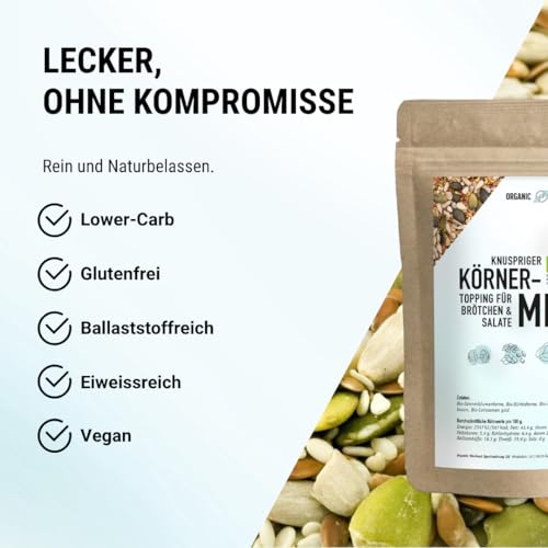 Bio Körner-Mix – Ballaststoffreich, Proteinreich & Vegan | Mit Sonnenblumenkernen, Kürbiskernen & Leinsamen | Knuspriges Topping für Brot, Bowls, Müsli & Salat (1 er, Körner-Mix)