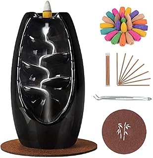 SPACEKEEPER Backflow Incense Holder Waterfall Incense Burner, Ceramic Aromatherapy Ornament Home Decor with 120 Backflow Incense Cones + 30 Incense Stick, Dark graphite
