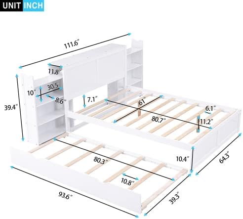 Bellemave Queen Size Platform Bed Frame with Trundle and Pull Out Shelves, Wood Queen Bed Frame with Storage Headboard (White/Trundle & Shelves)