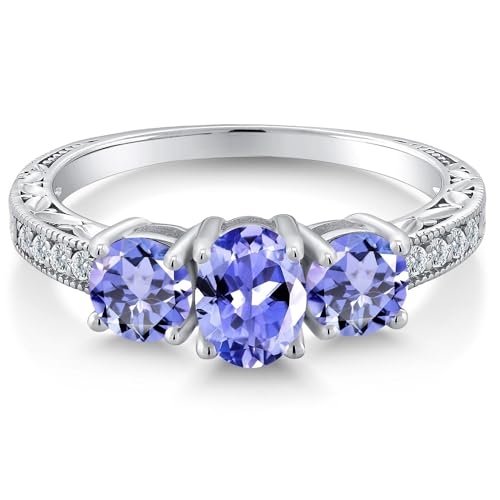Gem Stone King 1.79 Cttw Blue Tanzanite 3-Stone Ring In 925 Sterling Silver | Gemstone Birthstone | Three Stone Wedding Engagement Ring For Women | Available in size 5, 6, 7, 8, 93
