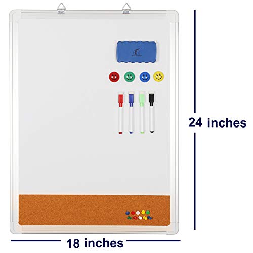 Whiteboard Bulletin Board Set - 18 X 24" Dry Erase/Cork Board With 1 Magnetic Eraser, 4 Dry Wipe Markers, 4 Magnets And 10 Pins - Small Wall Hanging Notice White Tack Board For Home And Office #TOP1