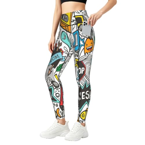 Pantalones de yoga con bolsillos Draw Art Print malla fitness y correr opaca