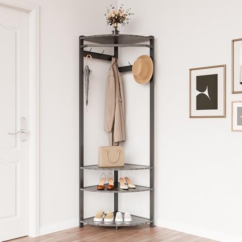GarveeHome Corner Coat Rack with Shoe Bench Entryway, Corner Hall Tree with 6 Double Hooks, Corner Clothes Rack with Storage Corner Tree with Organizer Shoe Bench Shelf for Entryway, Hallway, Closet