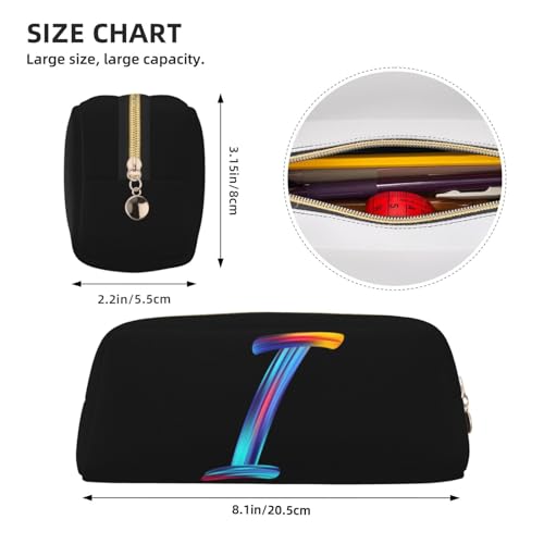 Image of Cute Initial Pencil Case for Kids Simple Leather Pencil Pouch for Boys Girls Letter Design Pencil Box Pen Bag Pencil Pouch Office Stationery Organizer, Rainbow Letter I