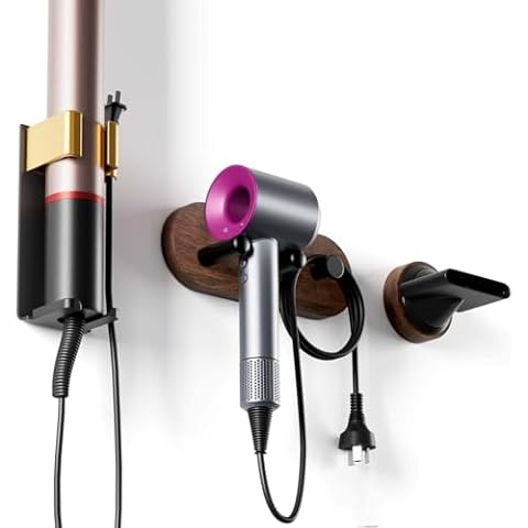 Sino Salected Walnut Set Hair Dryer Holder Wall Mounted, Blow Dryer Organizer for Bathroom, Aluminum Alloy Multi-Functional Hair Dryer Rack for Dyson Supersonic, Morden Black Cover