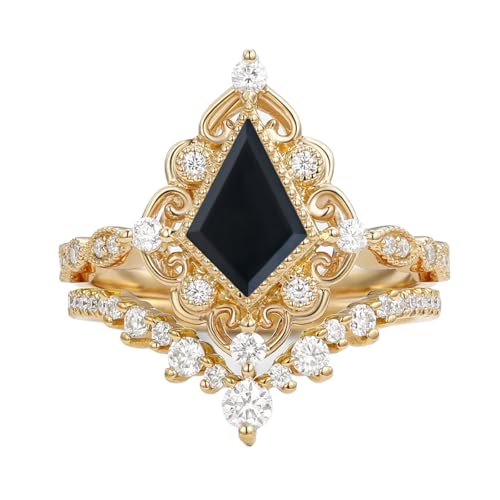 1ct 1.5ct 2ct Black Onyx Wedding Ring Set for Women - Kite Cut Black Onyx Bridal Sets Wedding Rings White Yellow Rose 10K 14K 18K Gold Sterling Silver Gem Art Deco Anniversary Promise Ring Set3