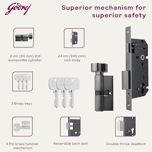 Image of Godrej Mortise Lock | Handle Lock Set for Main & Bedroom Door | HDH 07 Rossette Home Decor Handle | Matte Black Nickel Finish | 9 Inch Lockbody | 60 mm 1CK Cylinder - Knob from Inside and with 3 Keys