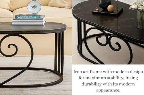 Image of Oval Accent Metal Centre Table with Marble Look Coffee Tables with Engineered Wood Top and Metal Frame, Contemporary Table for Office, Bedroom, or Living Room Full Black