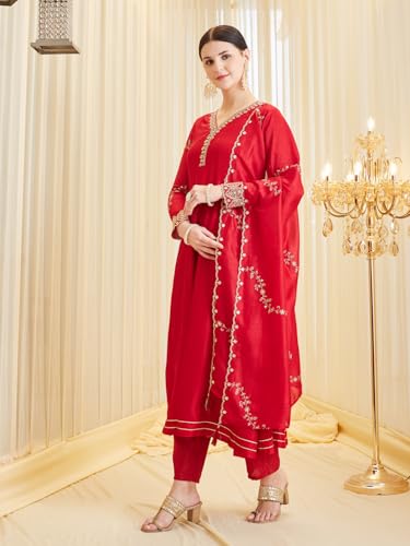 Image of MOKOSH Women's Silk Embroidery Anarkali Kurta Pant with Dupatta | Anarkali Kurta Set |Ethnic Kurta Set for Women |Floral Kurta 7 Colour Options Available |3 Piece Outfit