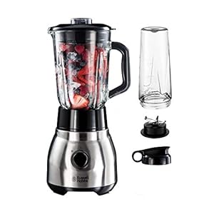 Russell Hobbs Standmixer 2-in-1 [1,5l Glasbehälter Mixer & 0,6l Mini Smoothie Maker -To-Go-Trinkflasche inkl. Deckel] Spülmaschinenfest, Impuls-/Ice-Crush Funktion, Becher BPA frei, Edelstahl 23821-56