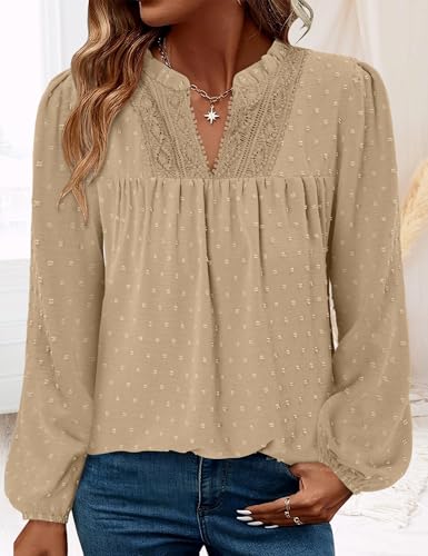 BETTE BOUTIK Women Boho Long Sleeve Shirts Dressy Casual V Neck Fall Fashion Tops Swiss Dot Flowy Blouses
