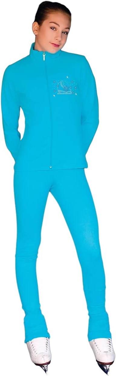 ChloeNoel JT811 Solid Fleece Fitted Elite Figure Skating Jacket w/Skate/Blue Snowflakes Crystals Combination