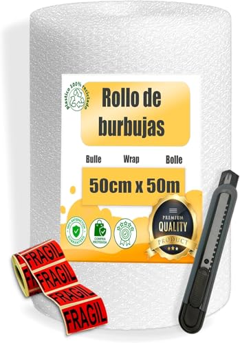 MARCPRINT Rollo Burbuja Embalaje 50 cm x 50 m con Cutter y Pegatinas de Fragil – Papel Burbuja para Mudanzas y Envíos – Plástico de Burbujas Protector Antigolpes – Embalaje Profesional Reutilizable