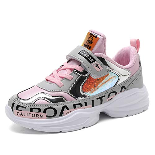 kulebear Kids Sneakers Breathable Running Tennis Shoes Walking Sport Casual Twinkle Glitter Shoes for Girls LightPink 4 Big Kid