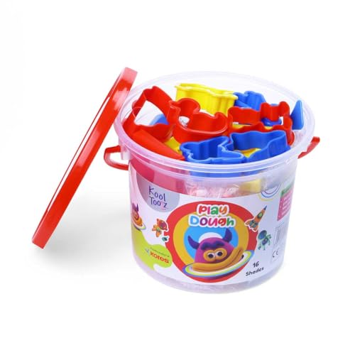 Image of Kores Play Dough - 400 g (16 Shades) | Non-Toxic Soft Modelling Clay with 8 Moulds, 2 Impression Moulds, 1 Cutter & 1 Roller |Creative Art Set for Kids | Fun Learning & Sensory Play Bucket