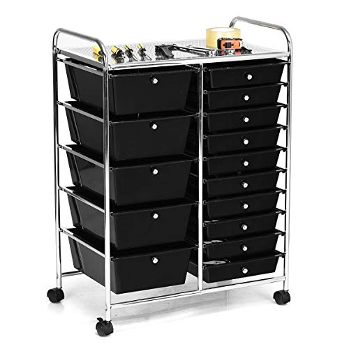 GiantexUK 15 Drawers Rolling Trolley, Utility Storage Organizer Cart with Wheels, Home Office Hairdressing Salon Shelving Organizer Unit (Black)