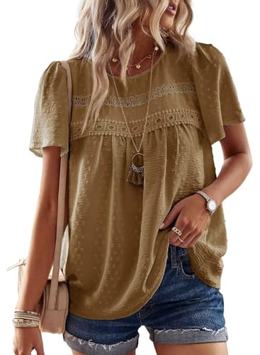 Falechay Plus Size Tops for Women Keyhole Button with Elastic Loop Dressy Casual Crewneck Flowy Blouses Summer Boho Shirts Mocha 3XL