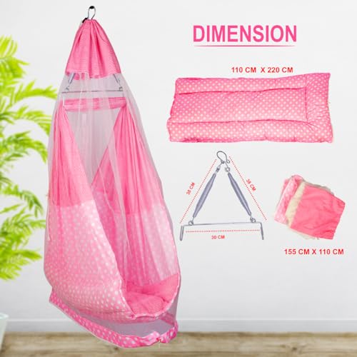 Image of Little chime window cradle hanger with bassinet with bed, pillow, mosquito net, Cotton, Pink
