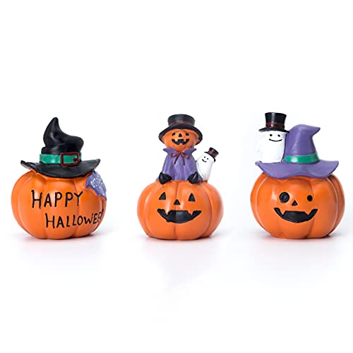QPURP Halloween Miniature Pumpkin Figurines Set of 3,Witch Hat or Mini Ghost on Pumpkin Halloween Table Top, Fireplace Mantle, Shelf Decorations Indoor