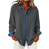 RLEHJN Sweatshirt Damen,Patchwork Denim Hemd Rundhals Hemdbluse Modische Pullover Knöpfe Oberteile...