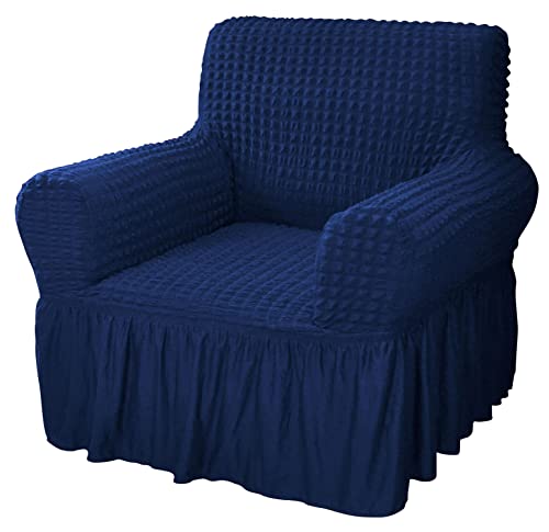 Image of House of Quirk Turkish Bubble Frill Five Seater 3 + 1 + 1 Sofa Slipcovers 280 GSM, Durable Washable Universal Triple Seater High Elastic Furniture Protector (Navy)
